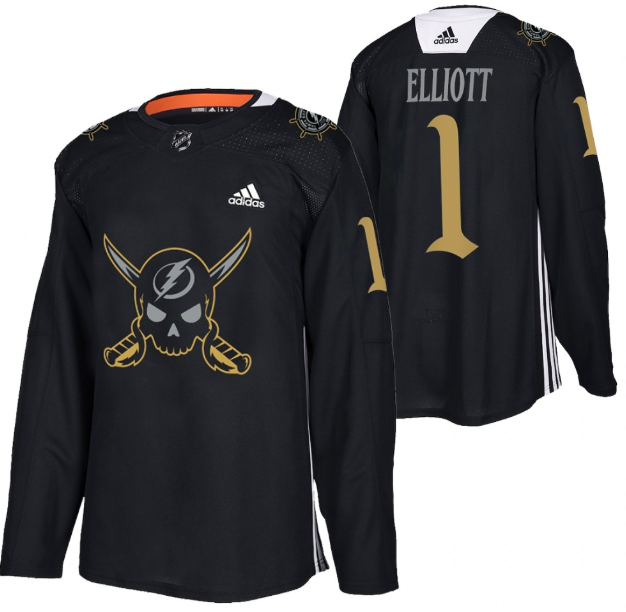 Men's Tampa Bay Lightning #1 Brian Elliott Black Gasparilla inspired Pirate-themed Warmup Stitched Jersy Men's Tampa Bay Lightning #1 Brian Elliott Black Gasparilla inspired Pirate-themed Warmup Stitched Jersy